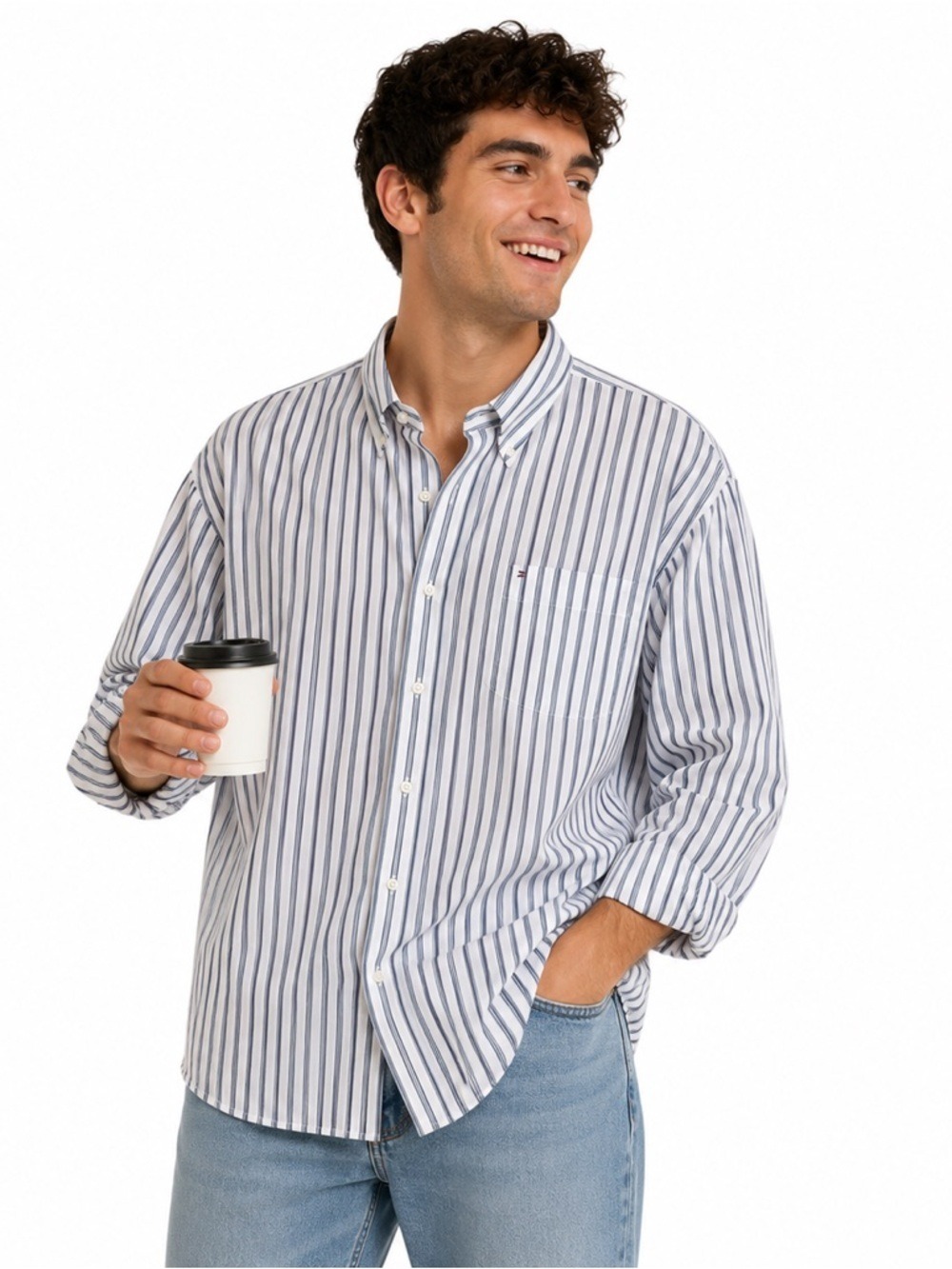 Tommy Hilfiger White Blue Striped Long Sleeved Cotton Dress Shirt Size XXL